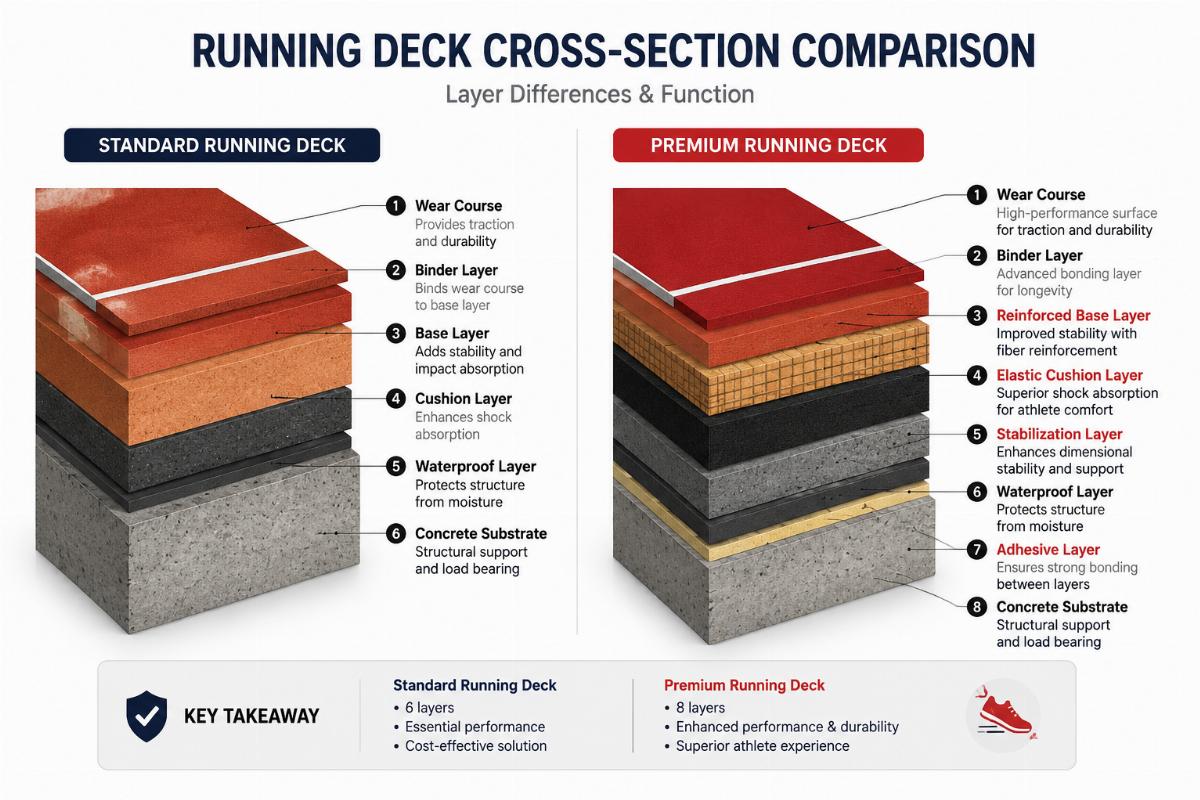 Running deck cross-section comparison showing layer differences