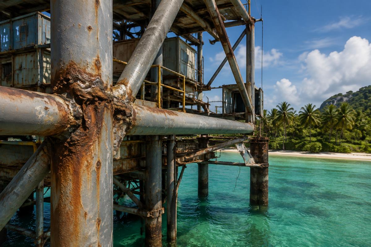 Rusted weld points on a failed budget modular rig in a tropical environment