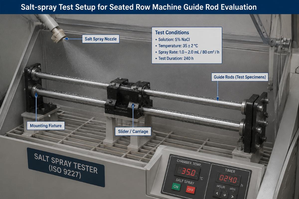 Salt-spray test setup for seated row machine guide rod evaluation