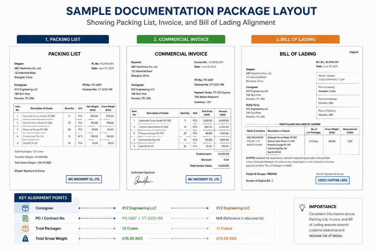 Sample documentation package layout showing packing list, invoice, and bill of lading alignment