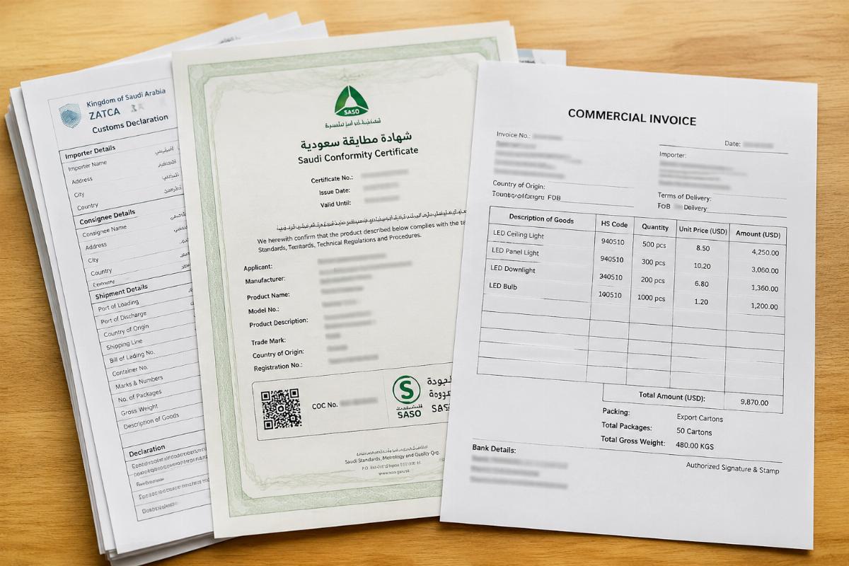 Saudi customs clearance documentation stack including SASO certificate and commercial invoice
