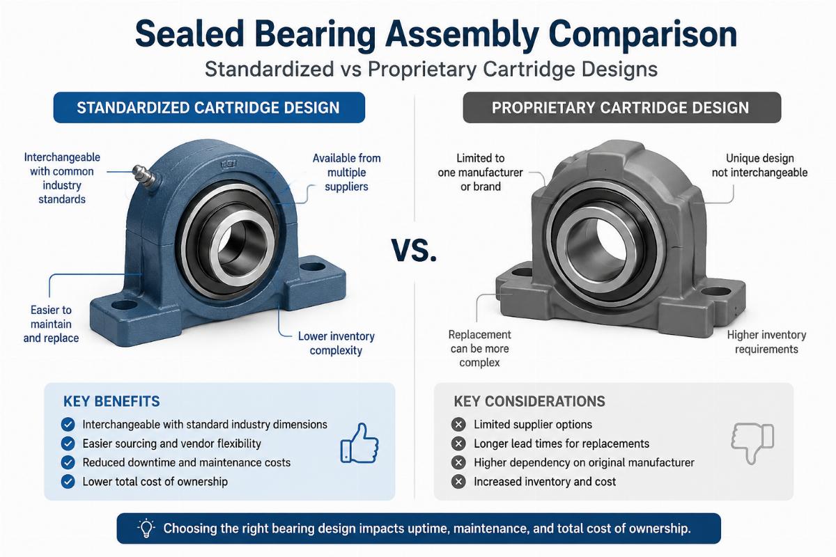 Sealed bearing assembly comparison showing standardized vs proprietary cartridge designs