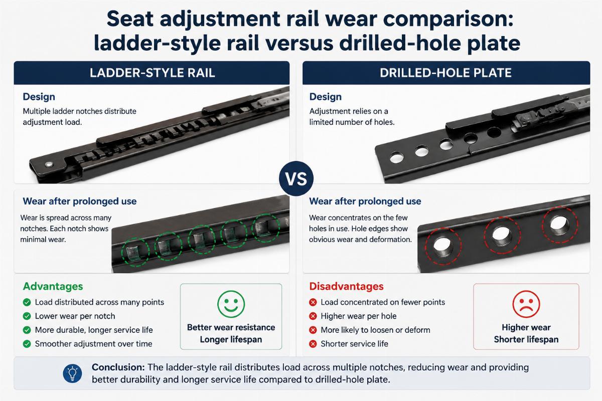 Seat adjustment rail wear comparison: ladder-style rail versus drilled-hole plate