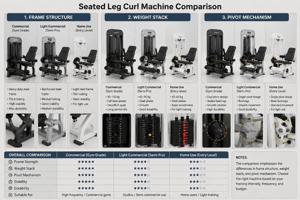 Seated leg curl machine comparison showing frame structure, weight stack, and pivot mechanism side by side