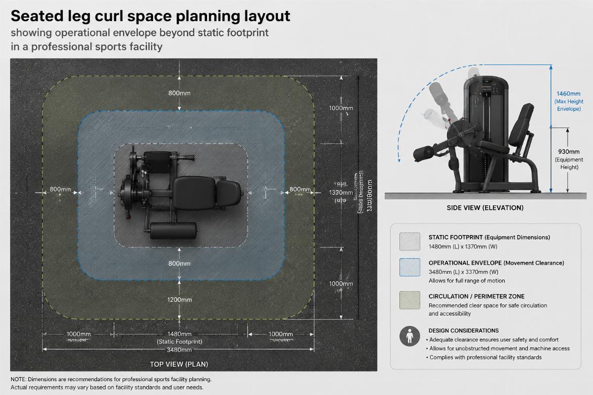 Seated leg curl space planning layout showing operational envelope beyond static footprint in a professional sports facility