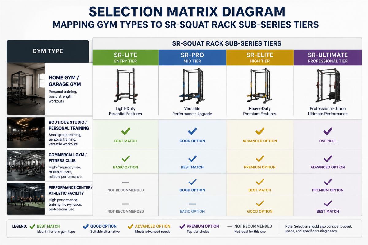 Selection matrix diagram mapping gym types to SR-Squat Rack sub-series tiers