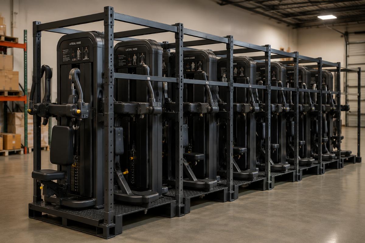 Selectorized lateral raise machines stored upright with rigid spacer frames between stacked units