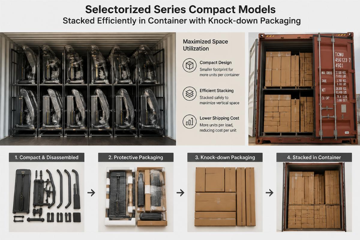 Selectorized series compact models stacked efficiently in container with knock-down packaging