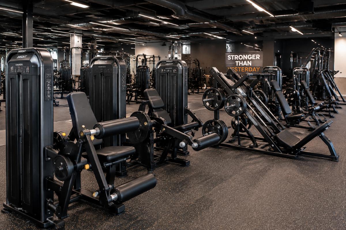 Selectorized strength machines and plate-loaded equipment arranged in a commercial gym setting