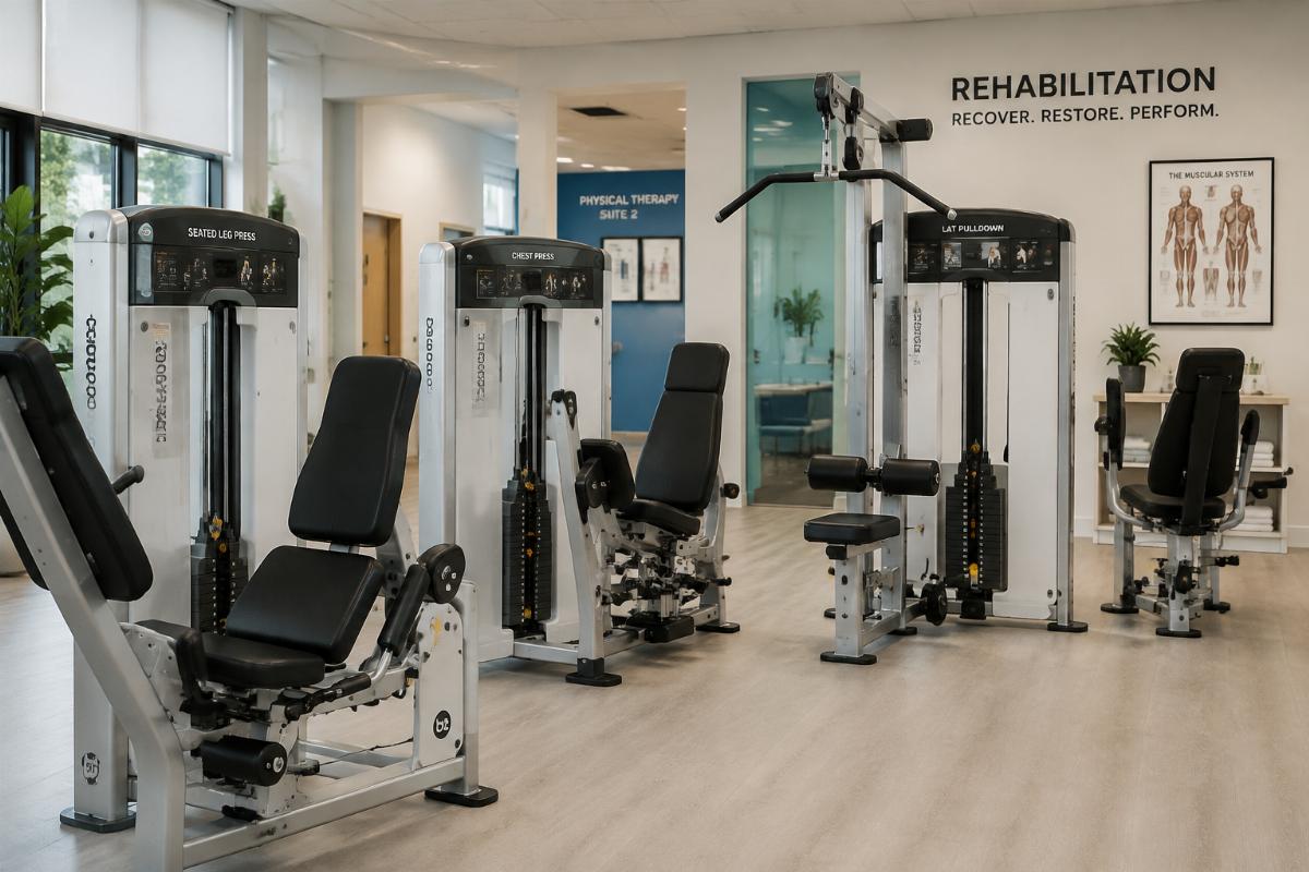 Selectorized strength machines with micro-adjustable weight stacks in a rehabilitation clinic setting