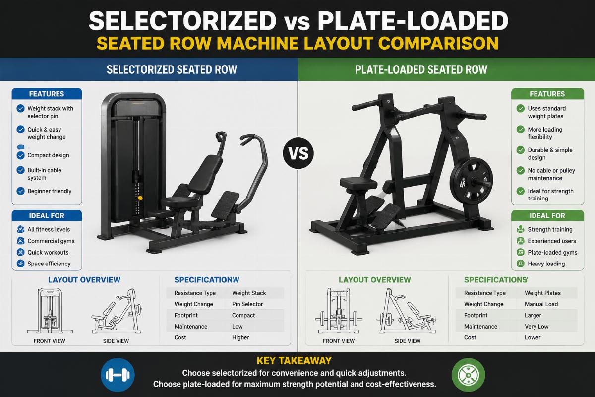 Selectorized versus plate-loaded seated row machine layout comparison