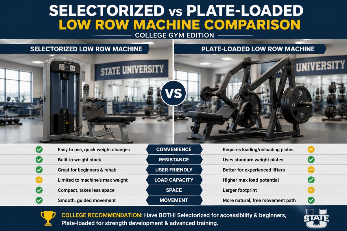 Selectorized vs plate-loaded Low Row Machine side-by-side comparison in a college gym layout