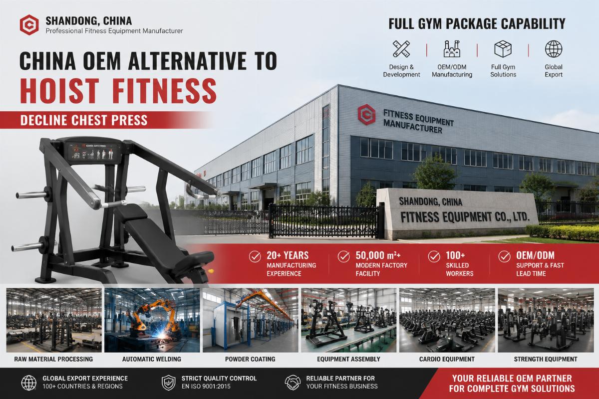 Shandong-based factory producing China OEM alternative to Hoist Fitness decline chest press with full gym package capability