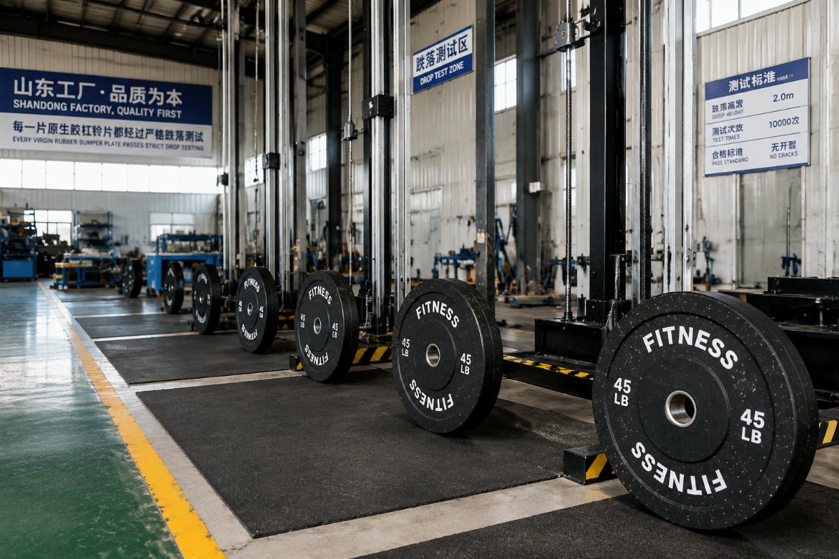 Shandong factory floor showing virgin rubber bumper plates lined up for drop testing