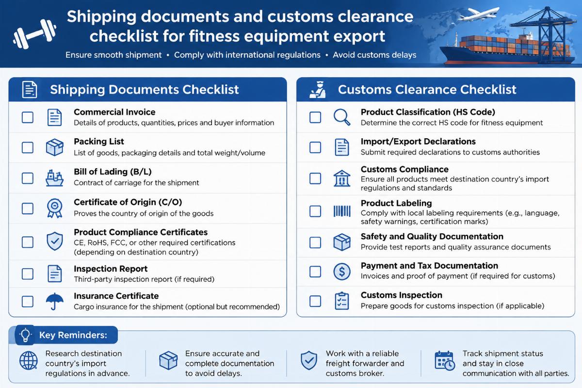 Shipping documents and customs clearance checklist for fitness equipment export