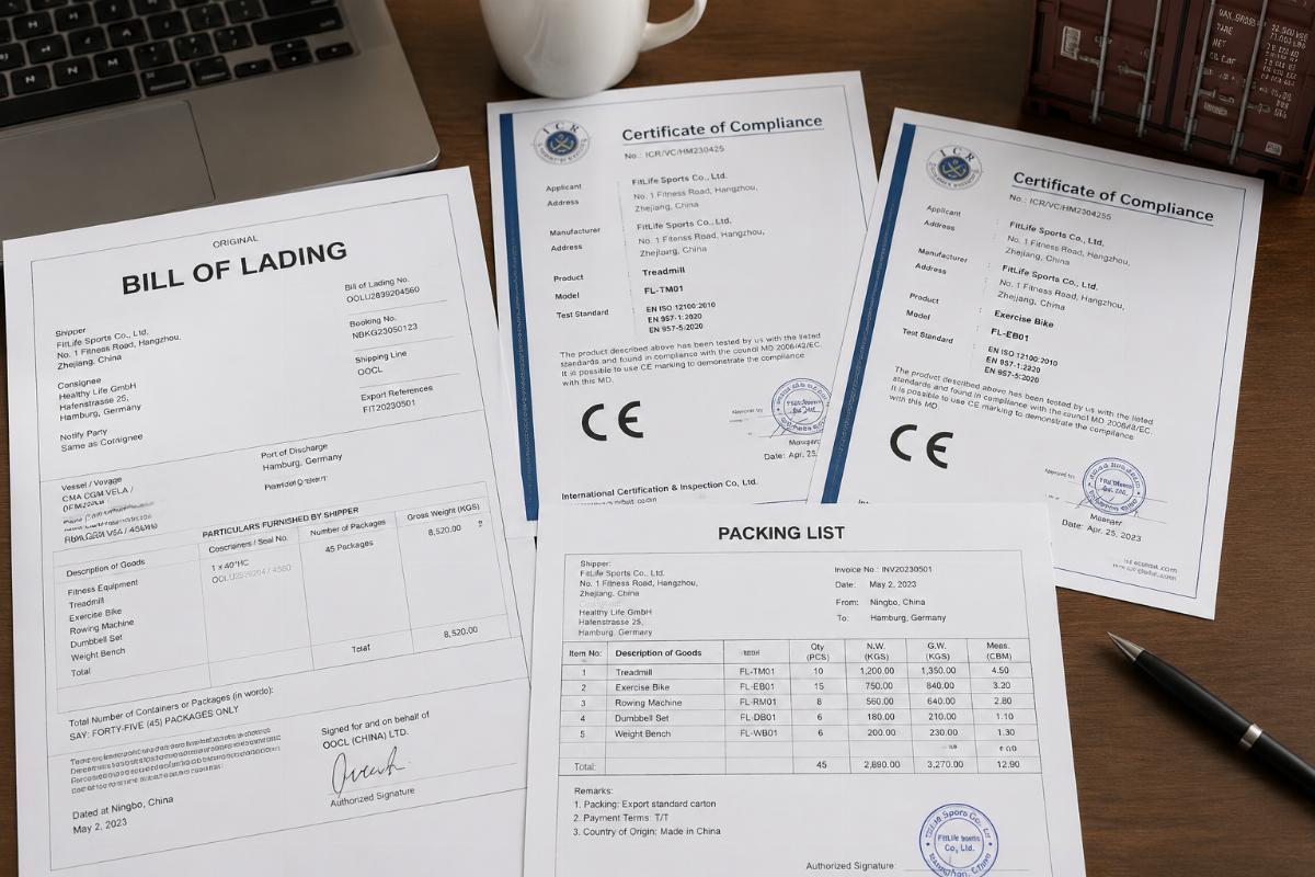Shipping documents spread on a desk showing bill of lading, CE certificates, and packing list for fitness equipment container