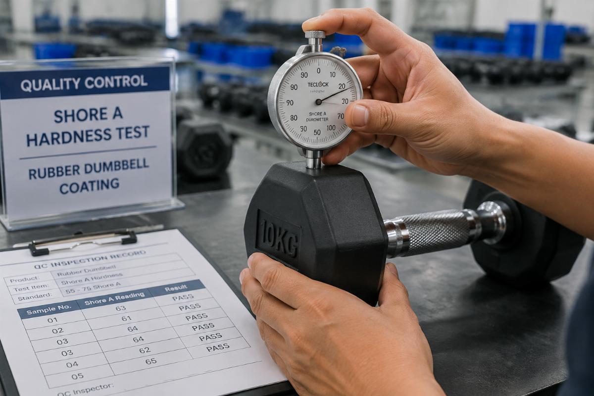 Shore A durometer testing rubber dumbbell coating hardness at factory quality control station