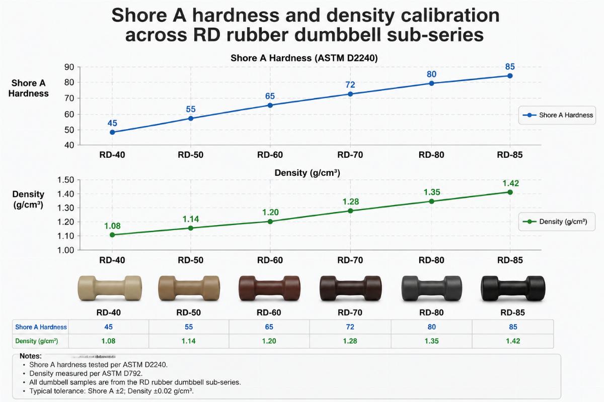 Shore A hardness and density calibration across RD rubber dumbbell sub-series