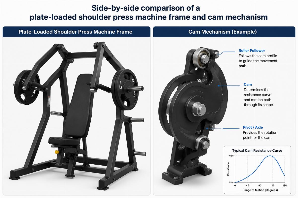 Side-by-side comparison of a plate-loaded shoulder press machine frame and cam mechanism