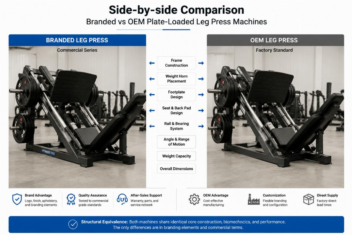 Side-by-side comparison of branded and OEM plate-loaded leg press machines showing structural equivalence