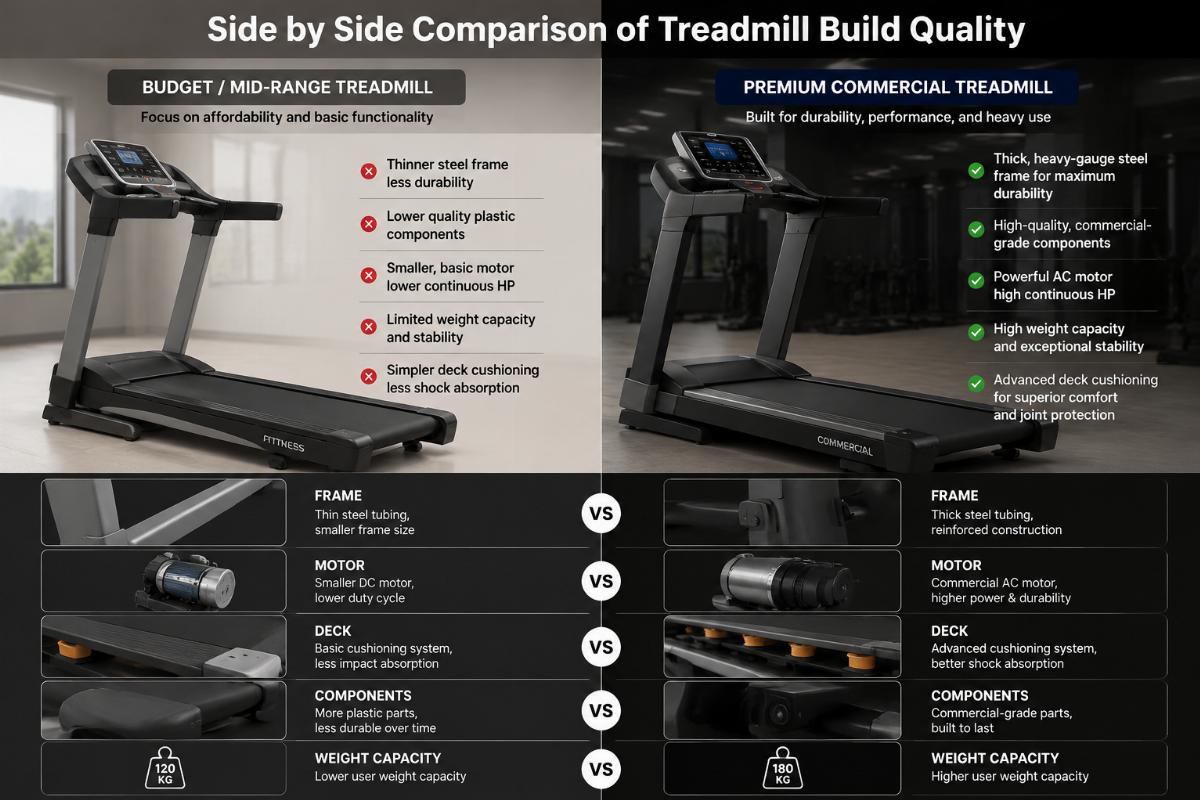 Side by side comparison of budget mid-range and premium commercial treadmill build quality