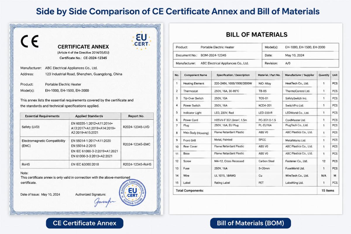 Side by side comparison of CE certificate annex and bill of materials document