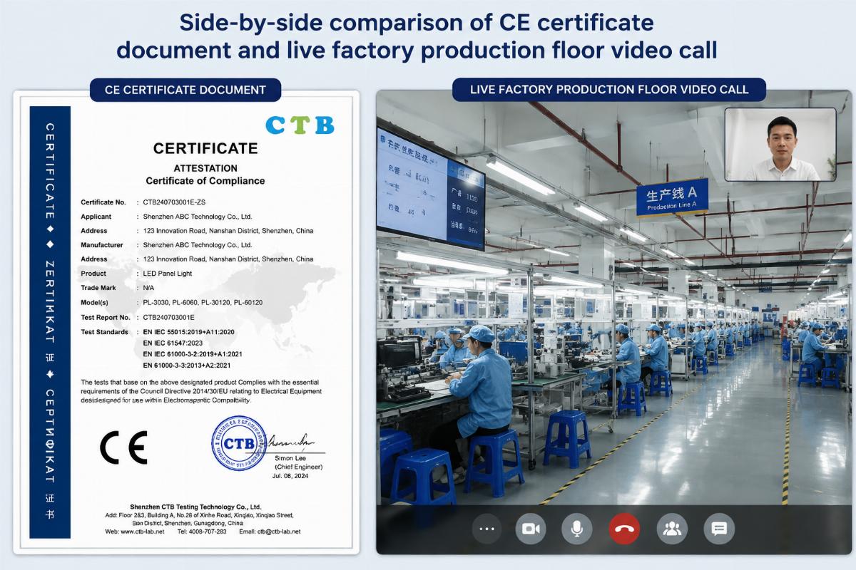 Side-by-side comparison of CE certificate document and live factory production floor video call