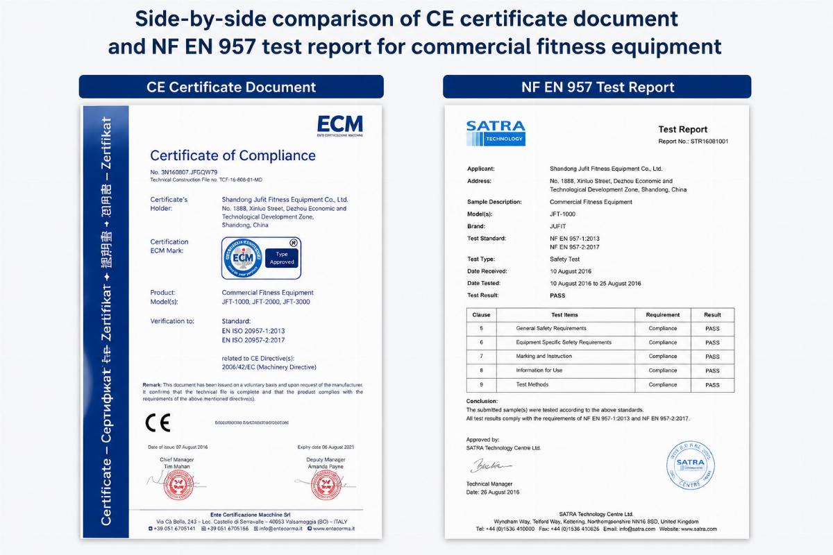 Side-by-side comparison of CE certificate document and NF EN 957 test report for commercial fitness equipment
