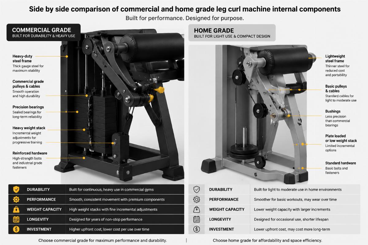 Side by side comparison of commercial and home grade leg curl machine internal components