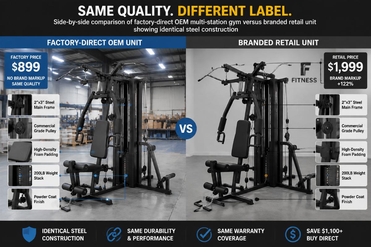 Side-by-side comparison of factory-direct OEM multi-station gym versus branded retail unit showing identical steel construction