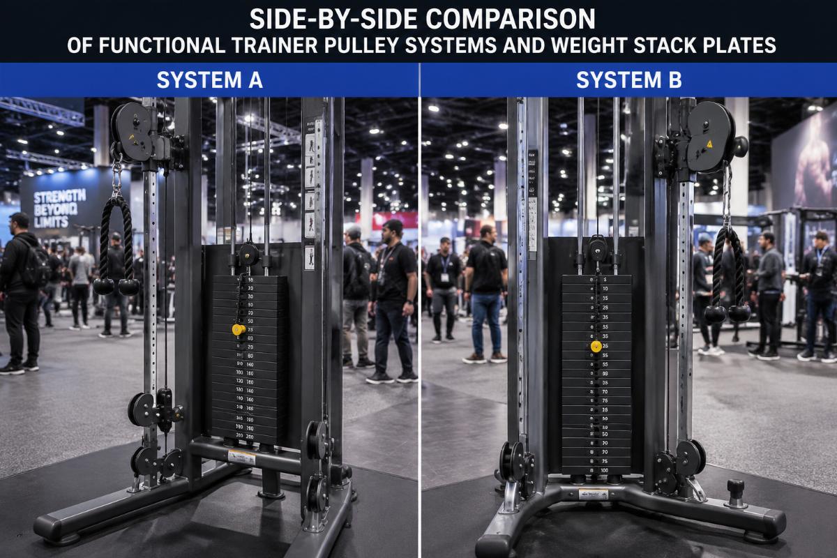 Side-by-side comparison of functional trainer pulley systems and weight stack plates on a trade show floor