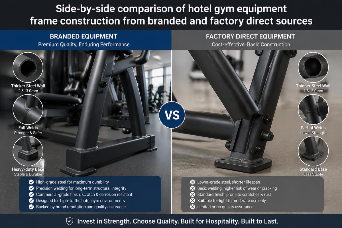 Side-by-side comparison of hotel gym equipment frame construction from branded and factory direct sources