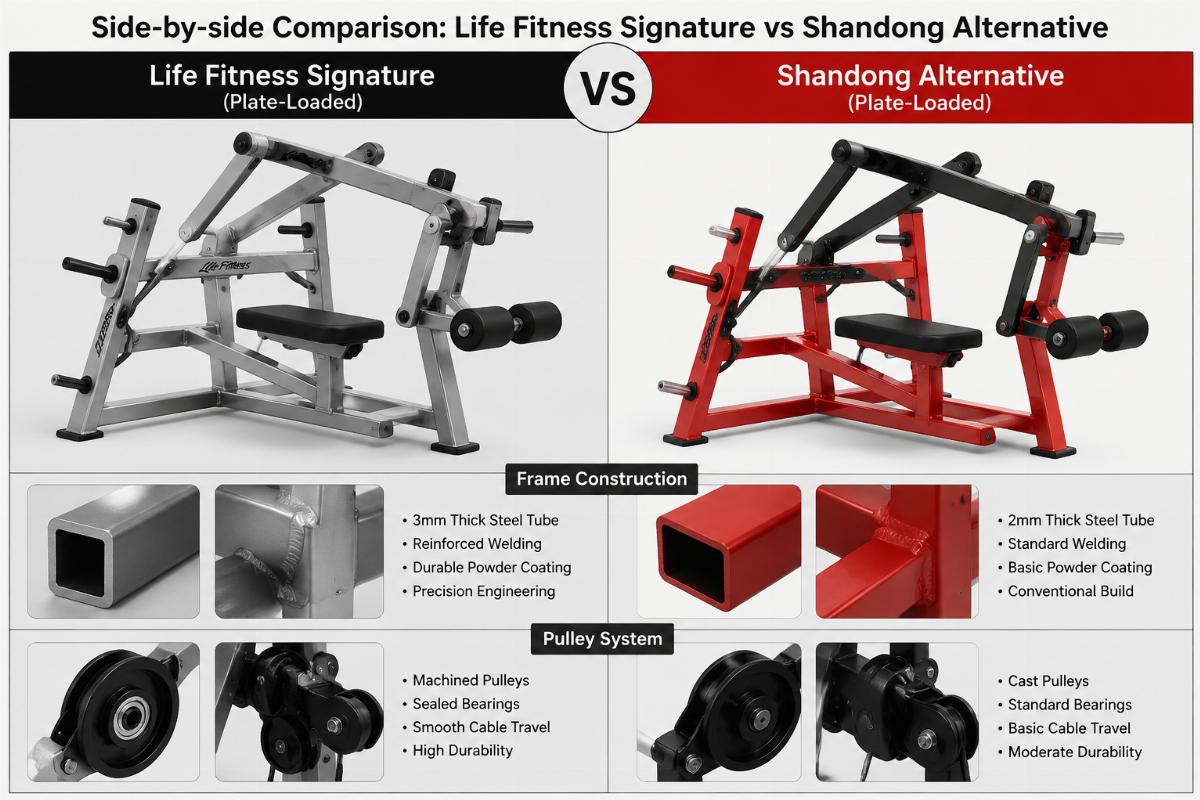 Side-by-side comparison of Life Fitness Signature plate-loaded equipment versus Shandong alternative showing frame construction and pulley system details