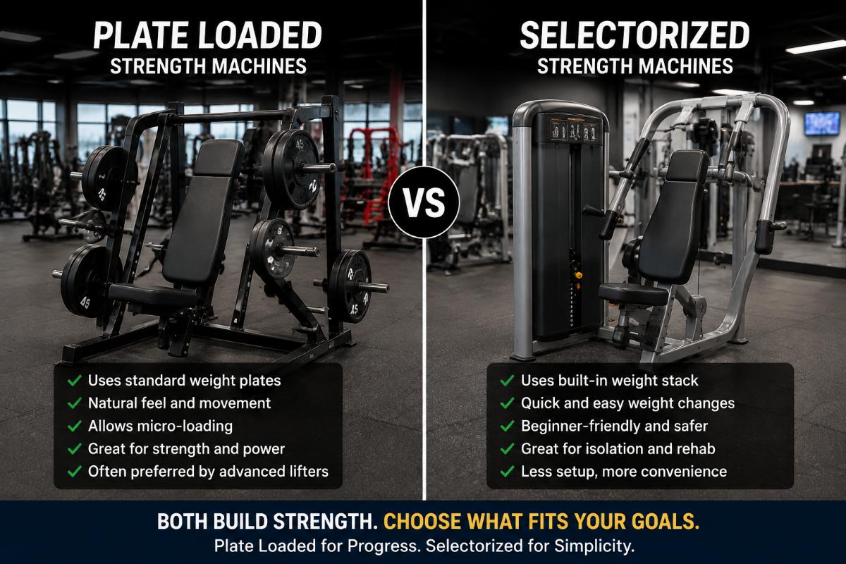 Side-by-side comparison of plate loaded and selectorized strength machines in commercial gym environment