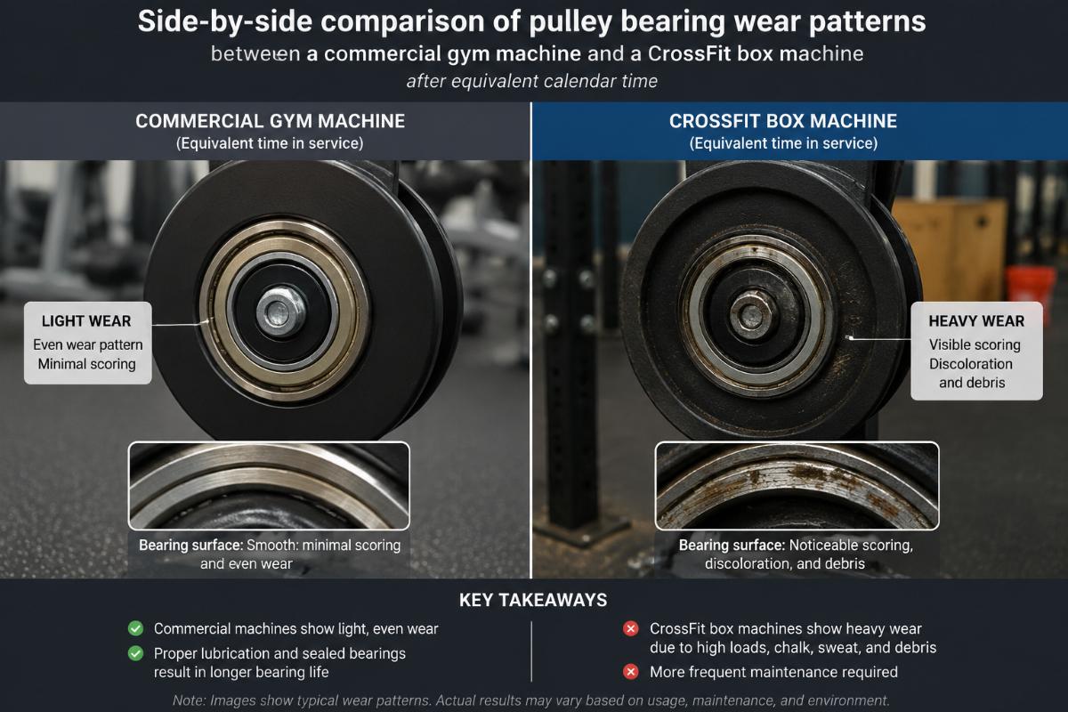 Side-by-side comparison of pulley bearing wear patterns between a commercial gym machine and a CrossFit box machine after equivalent calendar time