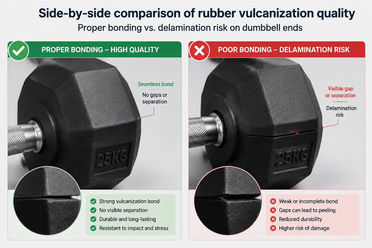 Side-by-side comparison of rubber vulcanization quality showing proper bonding versus delamination risk on dumbbell ends