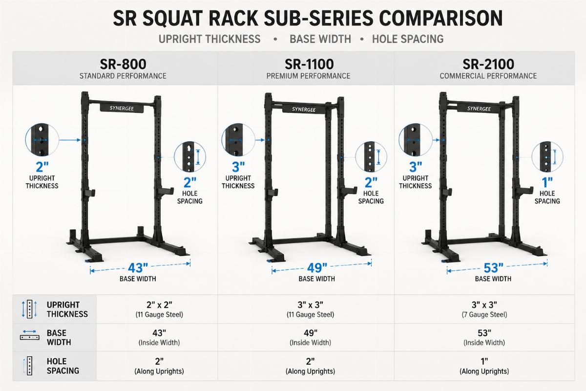Side-by-side comparison of SR squat rack sub-series showing upright thickness, base width, and hole spacing differences