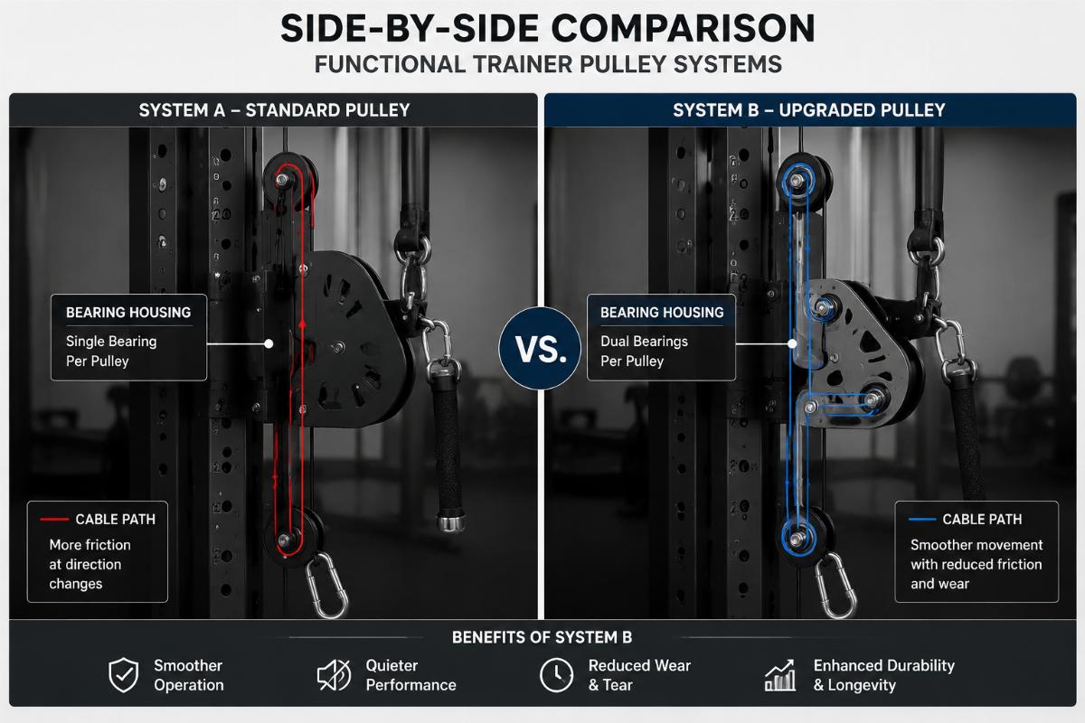 Side-by-side comparison of two functional trainer pulley systems showing cable routing paths and bearing housings