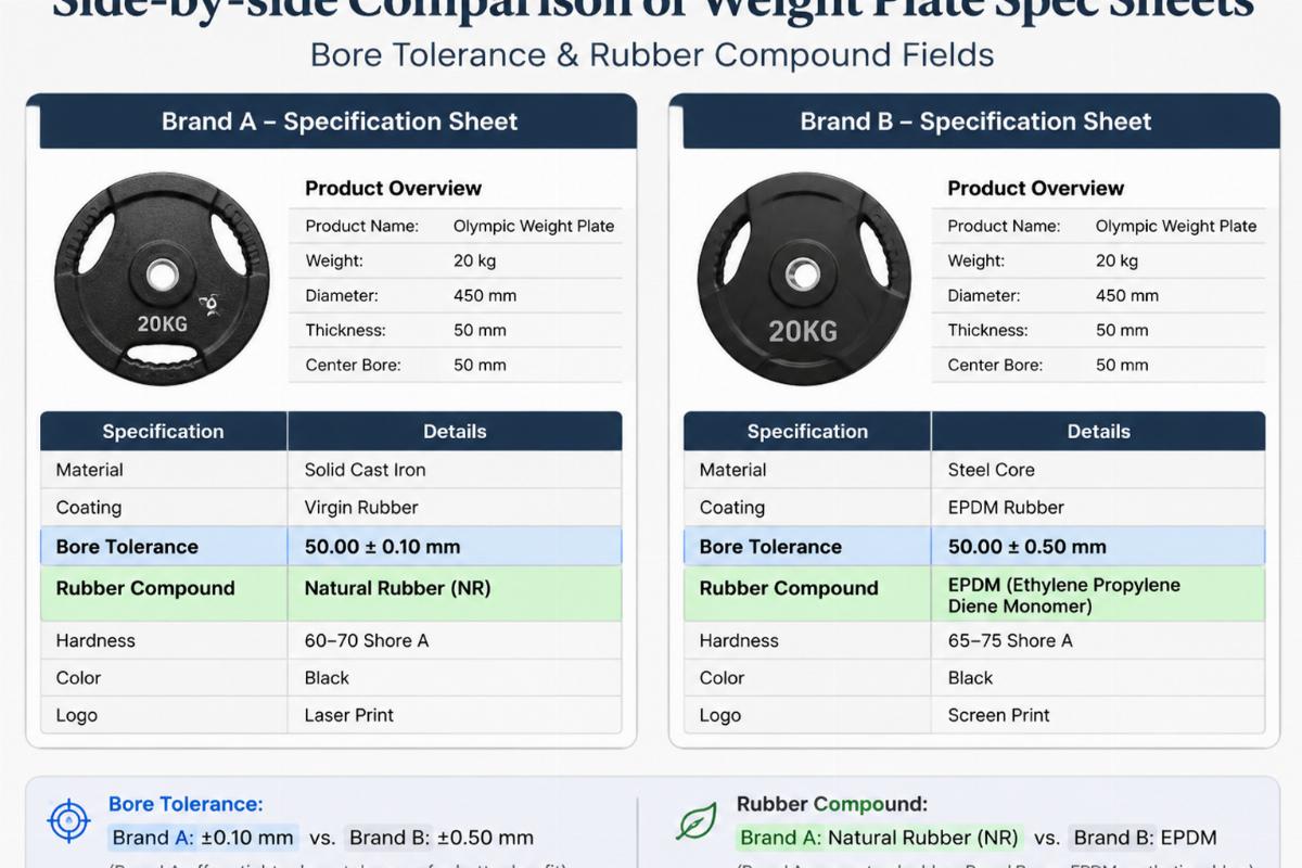 Side-by-side comparison of weight plate spec sheets showing bore tolerance and rubber compound fields