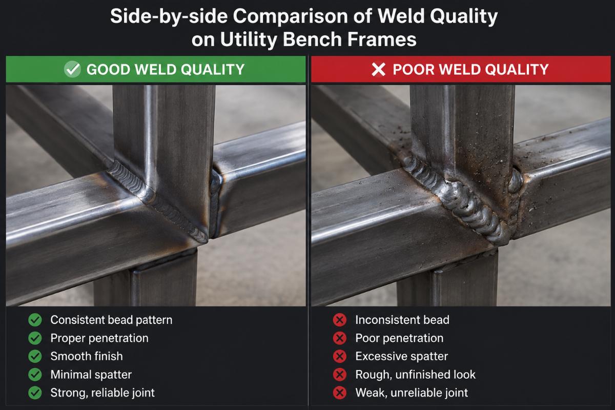Side-by-side comparison of weld quality on utility bench frames