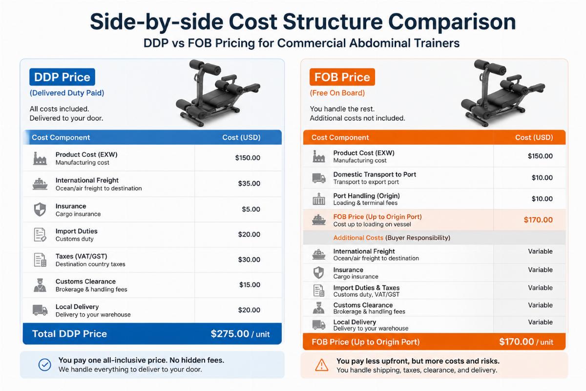 Side-by-side cost structure comparison of DDP and FOB pricing for commercial abdominal trainers