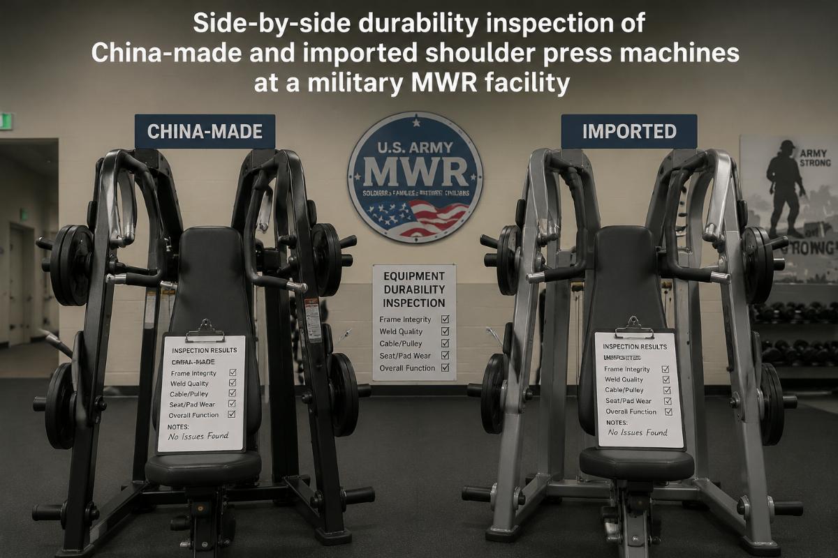 Side-by-side durability inspection of China-made and imported shoulder press machines at a military MWR facility