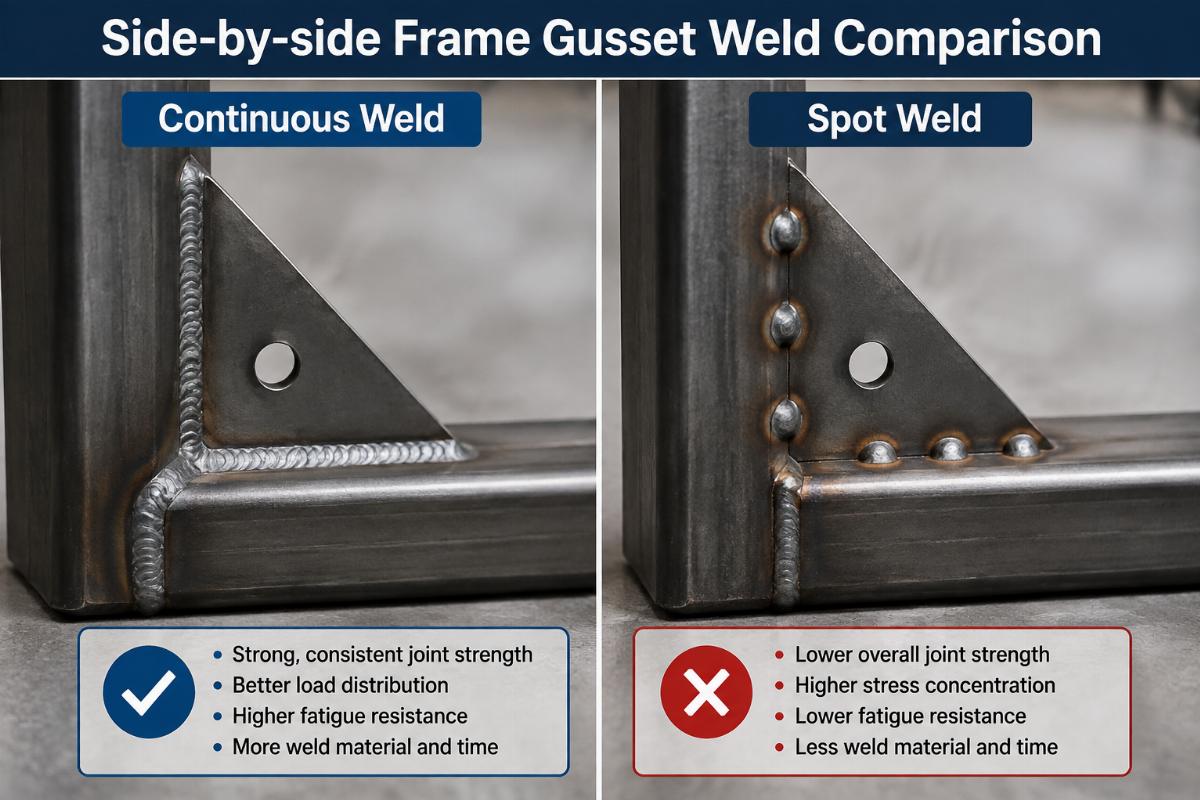 Side-by-side frame gusset weld comparison: continuous weld versus spot weld