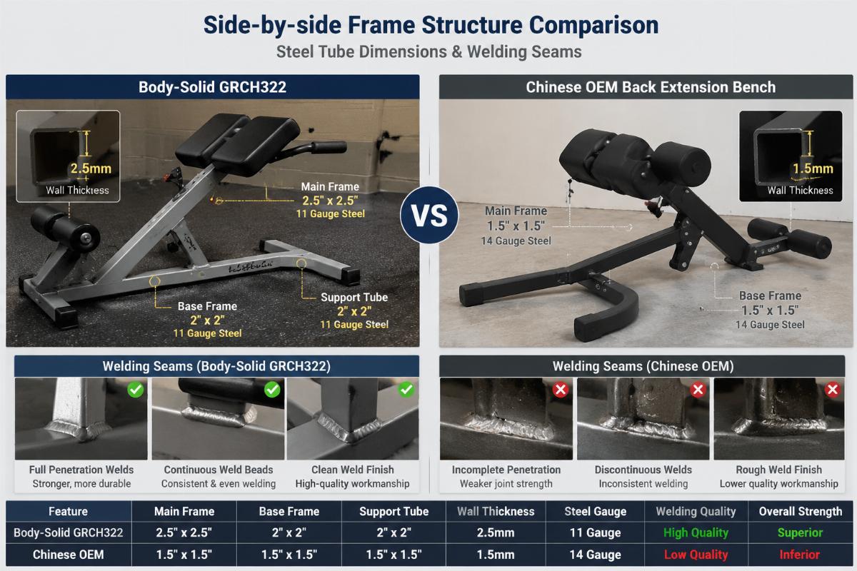 Side-by-side frame structure comparison of Body-Solid GRCH322 and Chinese OEM back extension bench showing steel tube dimensions and welding seams
