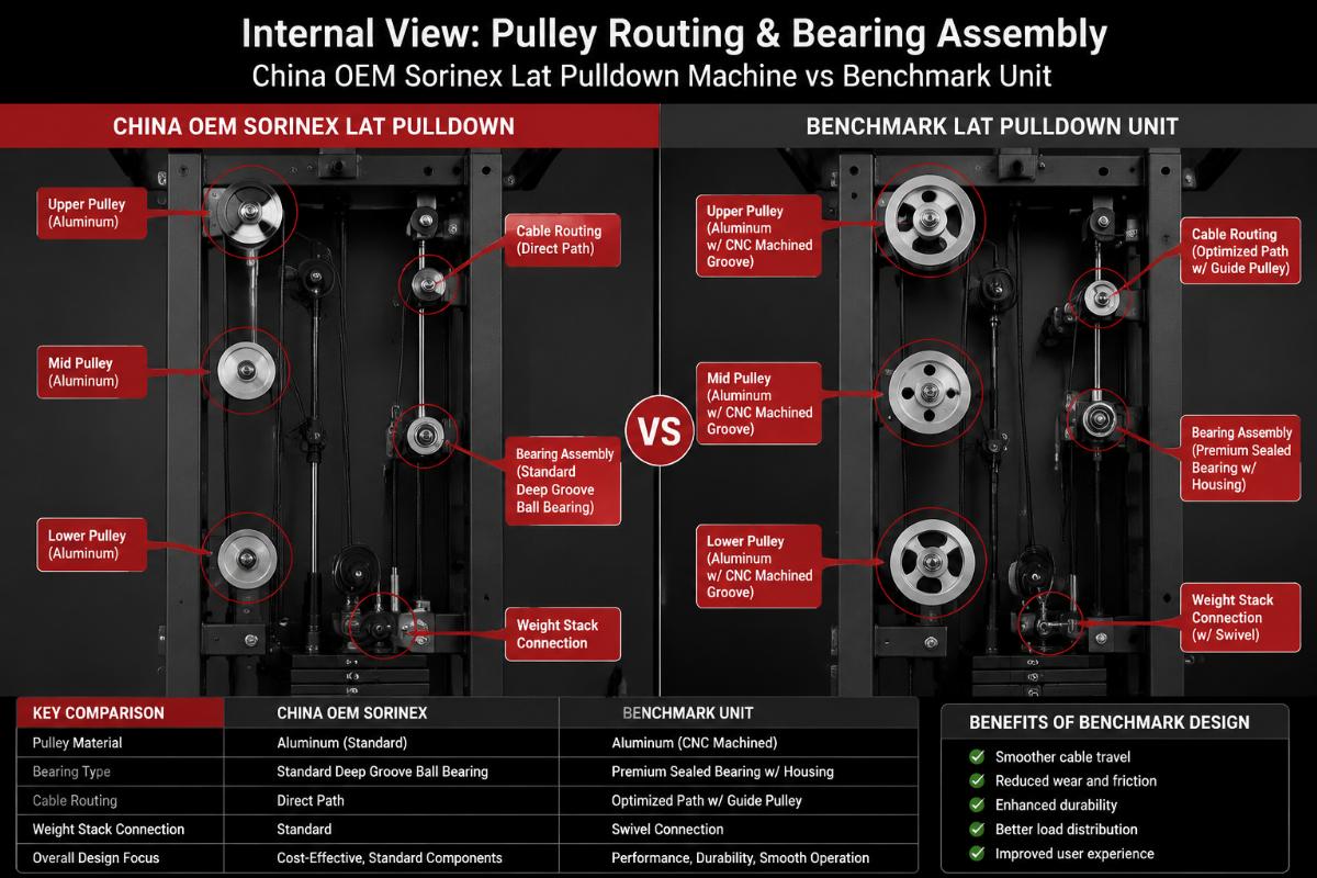 Side-by-side internal view of pulley routing and bearing assembly in a China OEM Sorinex lat pulldown machine versus benchmark unit