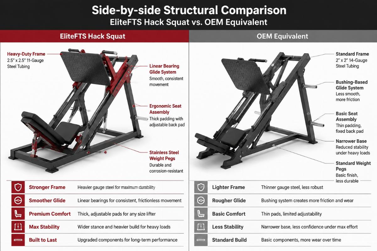 Side-by-side structural comparison of EliteFTS Hack Squat and OEM equivalent showing frame, glide rails, and seat assembly