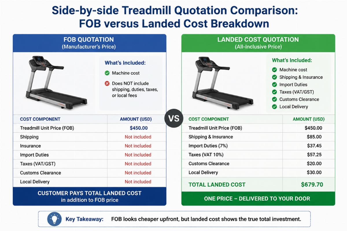 Side-by-side treadmill quotation comparison showing FOB versus landed cost breakdown