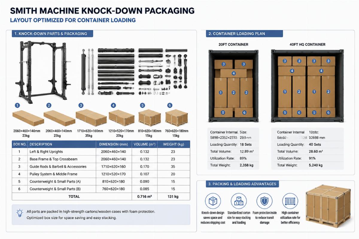 Smith machine knock-down packaging layout optimized for container loading