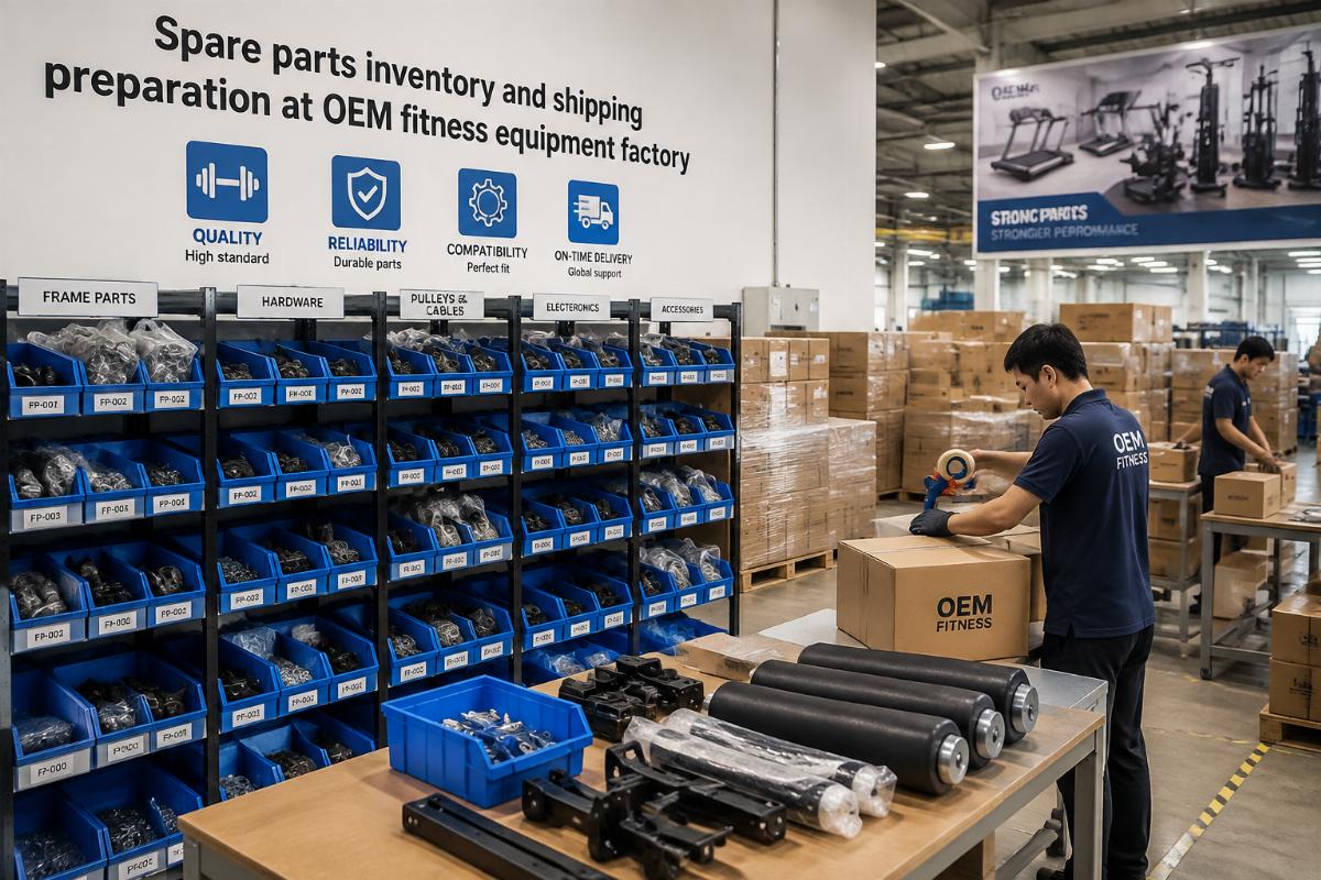 Spare parts inventory and shipping preparation at OEM fitness equipment factory