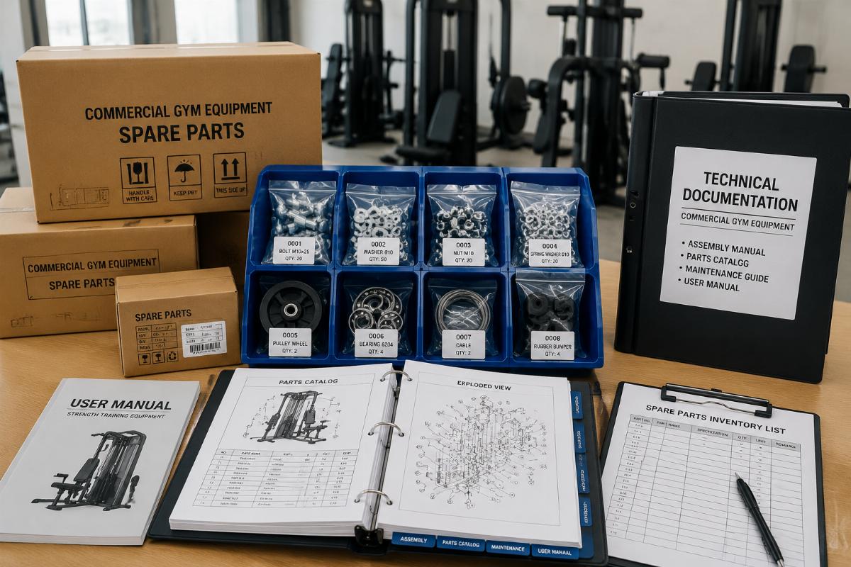 Spare parts inventory and technical documentation package for commercial gym equipment distribution